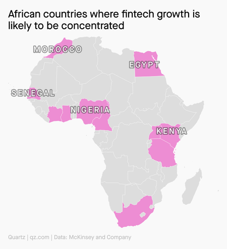 A map of Africa highlighting the countries with the greatest fintech potential