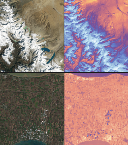 The photos taken by Landsat 9 on Oct. 31 show the top left shows snow and glaciers in in the Himalayan mountains, leading to the flat Tibetan Plateau to the north. The bottom left shows the brown and green rectangles of farm fields in southern Ontario, sandwiched between Lake Erie and Lake St. Clair. The blue-white color in top right image shows cooler surface temperatures, while the orange-red indicates warmer surface temperatures. The white and grey rectangles in the bottom of the image are produce greenhouses.