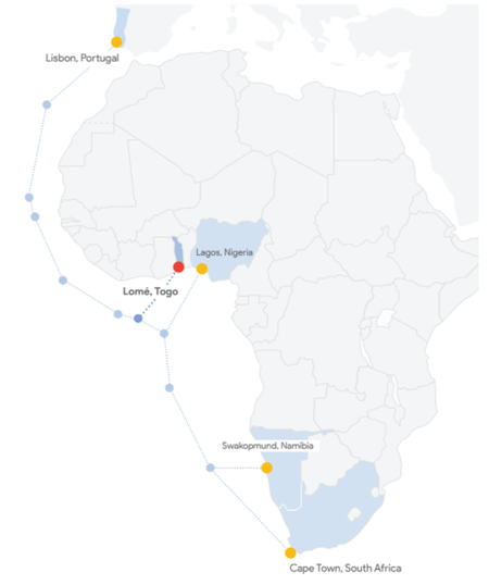 A map showing the landing spots for Equiano, Google&#039;s subsea internet cable, in Togo and Nigeria