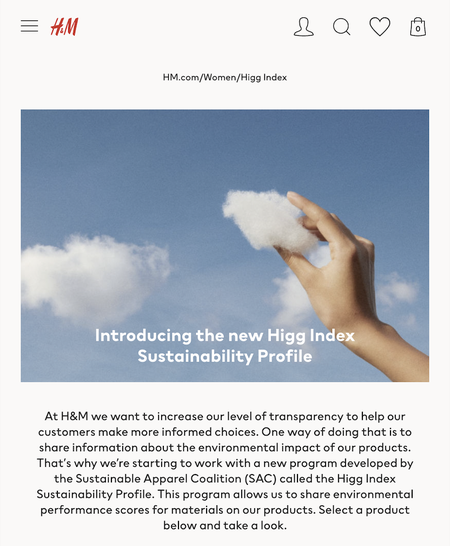 Screenshot of Higg Sustainability Profiles page on H&amp;M&#039;s website