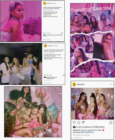 Posts from Forever 21 beside images of Ariana Grande