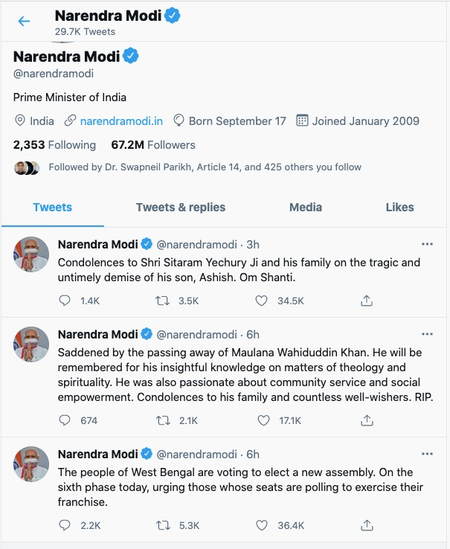 Prime minister Narendra Modi&#039;s Twitter timeline is peppered with condolence messages and West Bengal elections.