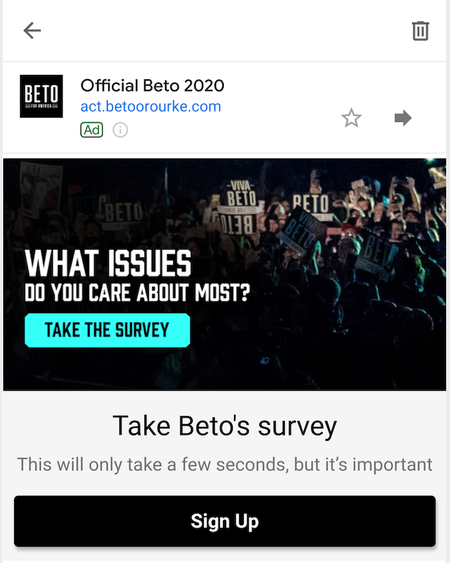 a screenshot of an ad from the Beto O&#039;Rourke campaign as it appeared in Gmail last month