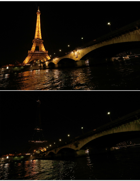 A combination picture shows the Eiffel Tower before (top) and during Earth Hour in Paris, France, March 25, 2017 as the lights are being switched off around the world at 8:30 p.m. on Saturday evening to mark the 10th annual Earth Hour and to draw attention to climate change.