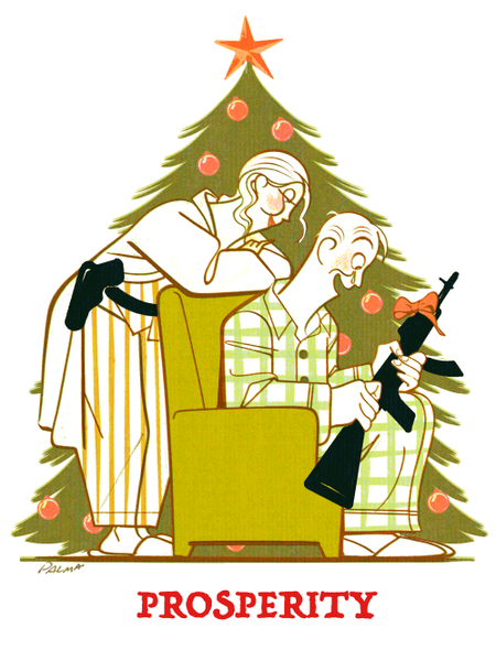 Drawing of a family exchanging guns for Christmas