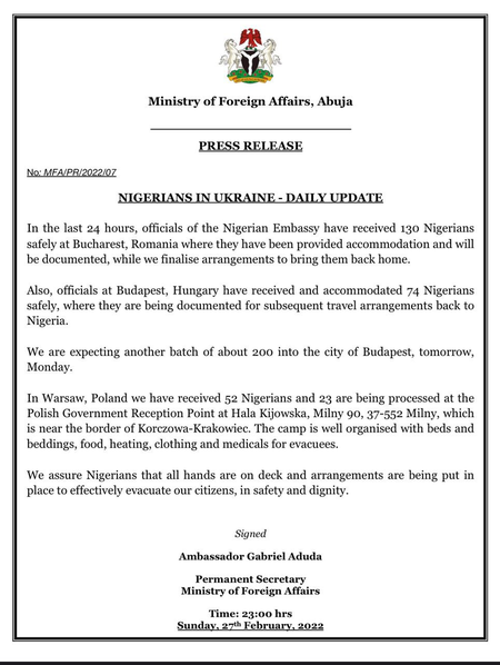 A press release by the Nigerian ministry of foreign affairs stating that it is processing citizens who fled Ukraine to bring them home