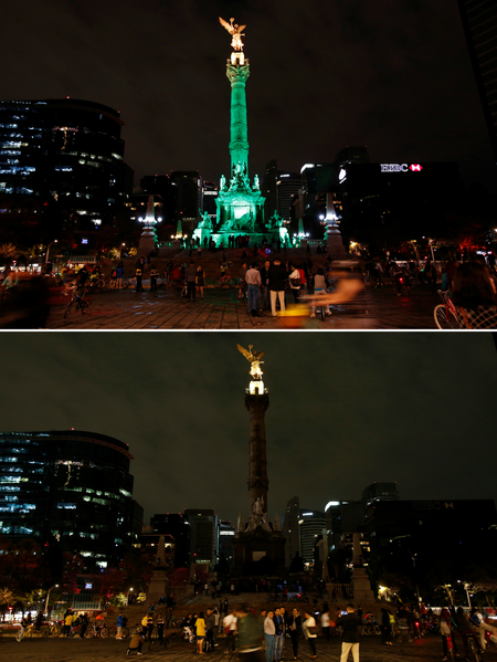 The &quot;Angel de la Independencia&quot; monument before (top) and after the lights were turned off for Earth Hour in Mexico City, Mexico, March 25, 2017.
