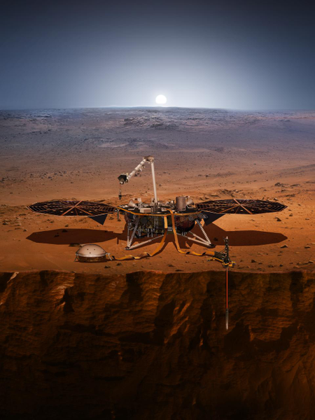 A rendering of the Mars InSight rover at work.