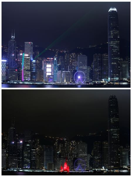 A combination picture showing laser light beams as buildings are lighted up and a tourist junk sailing past before (top) and during (bottom) Earth Hour, at the financial Central district in Hong Kong, China March 25, 2017.