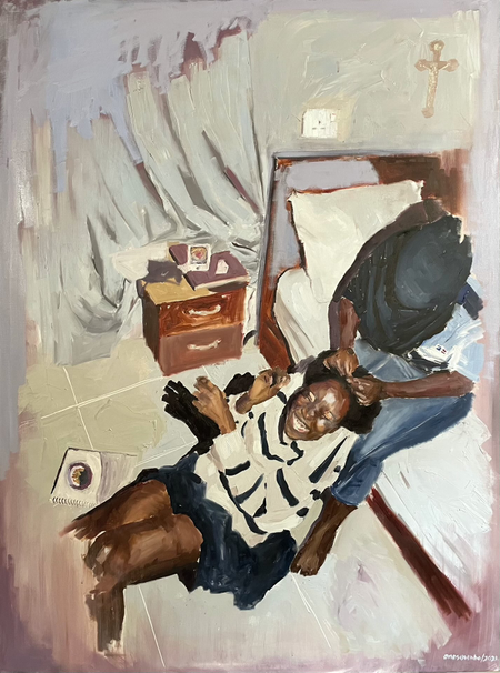 A girl braids her friend&#039;s hair in &quot;Homegirls I,&quot; an oil painting by Damilola Marcus.