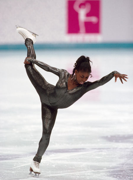 Surya Bonaly of France competing in the Ladies figure skating event during the Winter Olympic Games in Lillehammer, Norway, circa February 1994. Bonaly placed fourth. (Photo by Eileen Langsley/Popperfoto/Getty Images)