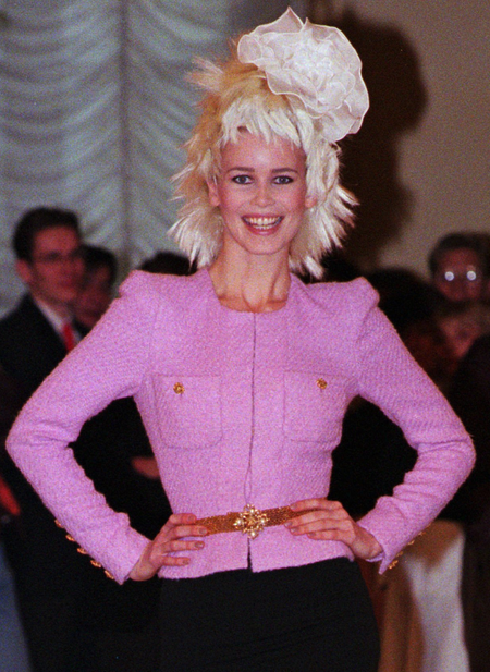 German top model Claudia Schiffer wears a pink top with a black long skirt as part of Chanel&#039;s 1996 spring/summer haute couture collection designed by Germany&#039;s Karl Lagerfeld and presented in Paris Tuesday January 23, 1996.