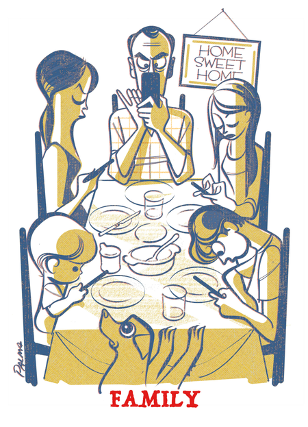 Drawing of family members at a table all looking at their devices