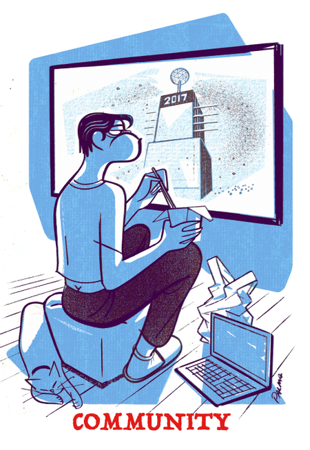 drawing of a man watching the ball drop on tv by himself with his laptop