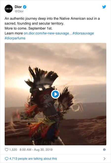 A screenshot of Dior&#039;s tweet showing a Native American dancer.