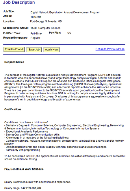 NSA job posting Digital Network Exploitation Analyst Development Program