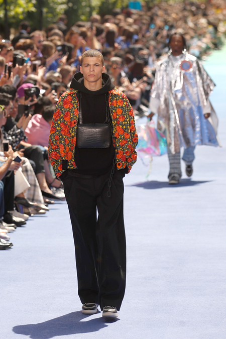 A model wears a creation as part of Louis Vuitton Men&#039;s Spring-Summer 2019 fashion collection presented in Paris, Thursday June 21, 2018. (AP Photo/Francois Mori)