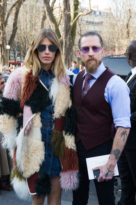 Buying director Justin Daniel O&#039;Shea, right, and fashion editor Veronika Heilbrunner pose as they arrive for Chloe&#039;s ready to wear fall-winter 2015-2016 fashion collection during Paris fashion week, Paris, France, Sunday, March 8, 2015.