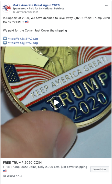 a Facebook ad for a Trump coin from a page called &quot;Make America Great Again 2020&quot;