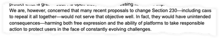 A snippet from Pichai&#039;s testimony on March 25, 2021 that reads: &quot;We are, however, concerned that many recent proposals to change Section 230—including calls to repeal it all together—would not serve that objective well. In fact, they would have unintended consequences—harming both free expression and the ability of platforms to take responsible action to protect users in the face of constantly evolving challenges.&quot;