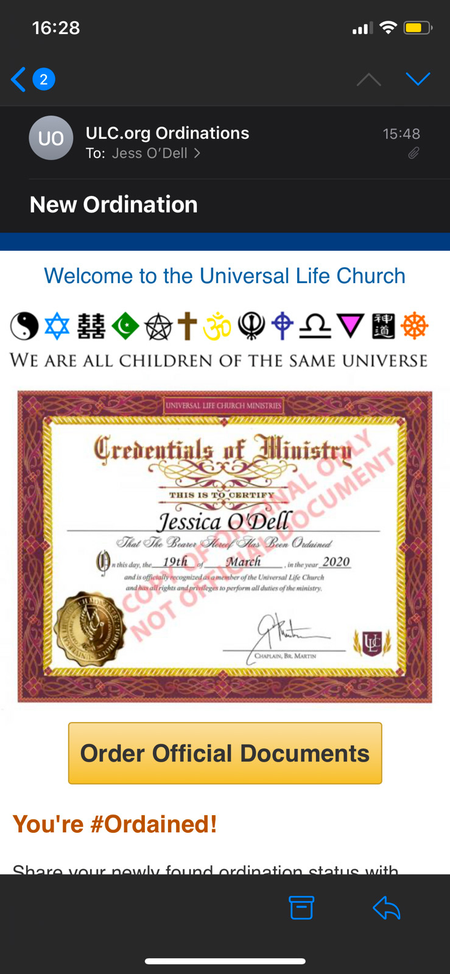 A screenshot of Jess&#039; ordination from the Universal Life Church to marry Christie and Jeff.