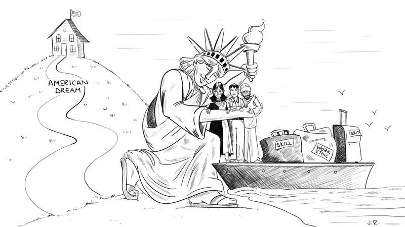 Illustration for article titled Frustrated Man Forced To Agree With Dumbass Political Cartoon Of Statue Of Liberty Hugging Immigrants