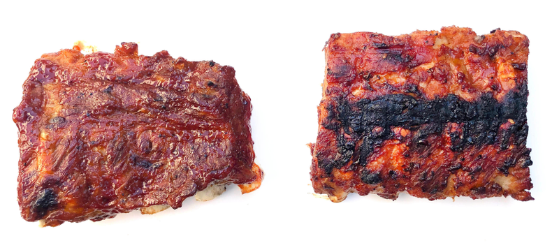 Instant Pot baby back ribs finished under broiler (left), finished on a grill (right)