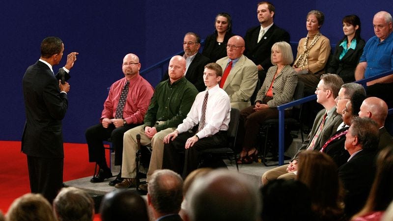 Illustration for article titled Everyone In Town Hall Debate Audience Has Spouse Who Lost Health Insurance And Is Dying Of Cancer