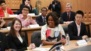 First lady Michelle Obama participates in a discussion with students at the Stanford Center at Peking University on Saturday in Beijing. ChinaFotoPress via Getty Images