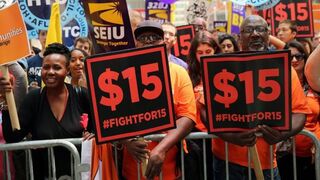 Labor leaders, workers and activists attend a rally for a $15 minimum hourly wage on July 22, 2015, in New York City.Spencer Platt/Getty Images