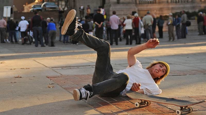 The amateur skateboarder above fell on his back 84 times in March 2004.