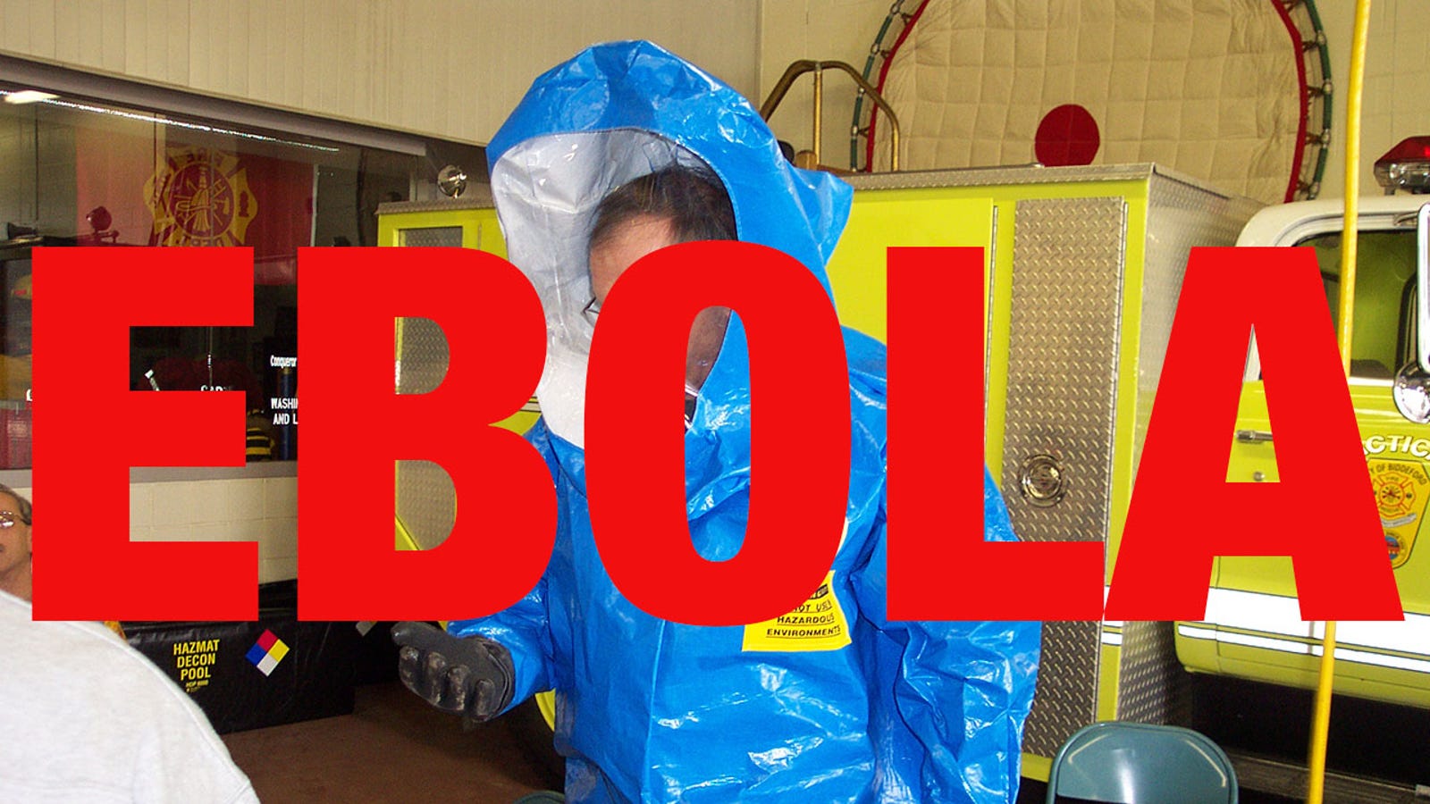 Ebola Written 12 Times In Red Font Over Pictures Of People In Hazmat Suits