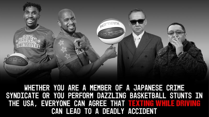 Illustration for article titled Heartwarming: The Yakuza And The Harlem Globetrotters Set Aside Their Differences To Film A PSA Against Texting While Driving