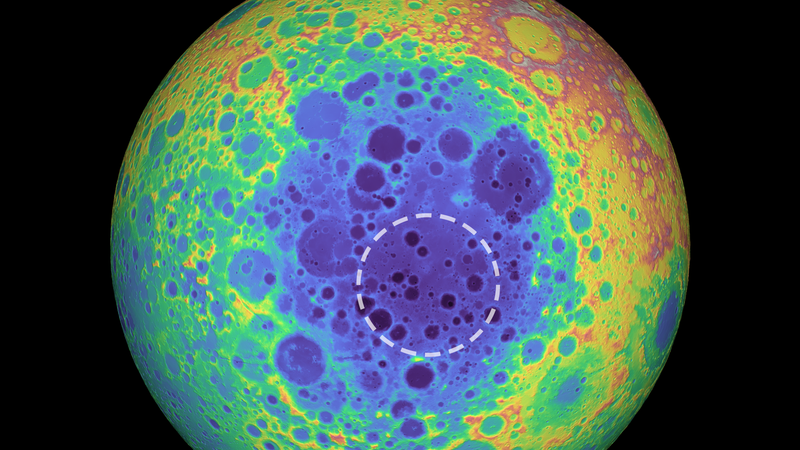 The South-Pole Aitken basin in dark blue. The dotted line outlines the mass anomaly.