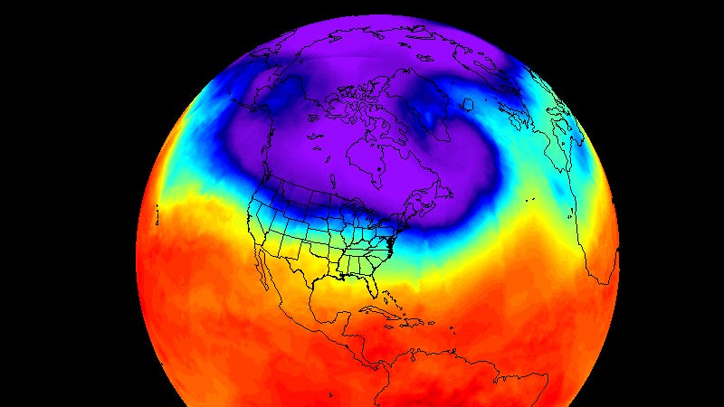 Last week, cold Arctic air (dark blue) descended into the Plains states and reached Colorado, Kansas and Missouri. That cold air then moved east into the Ohio Valley and New England. This trough of cold air is now expected to bring very chilly temperatures to the US East coast from New England to the Mid-Atlantic. (Image: NASA JPL, Ed Olsen)