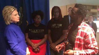 Hillary Clinton talks with several members of the Black Lives Matter movement after an event in New Hampshire Aug. 11, 2015. MSNBC Screenshot
