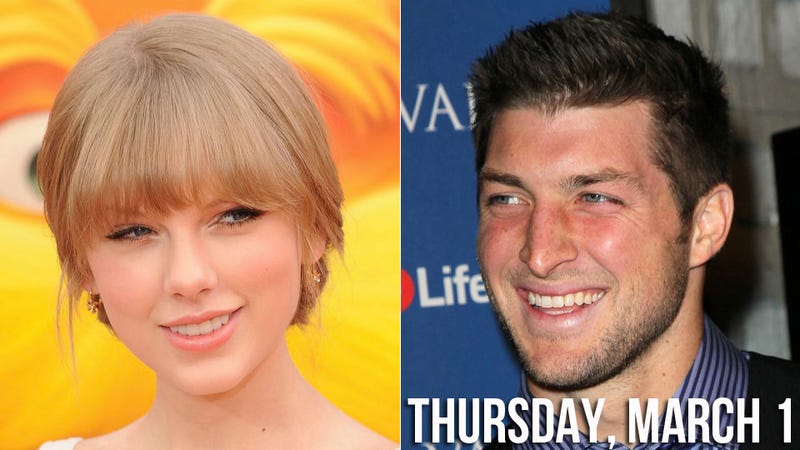 Illustration for article titled Tim Tebow Tackles Taylor Swift's Heart