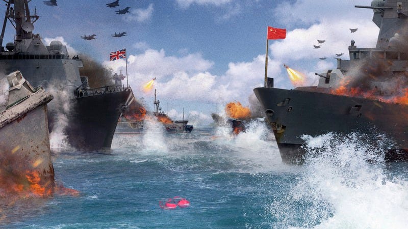 English and Chinese ships firing at each other over a bra found at sea.
