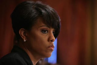 Baltimore Mayor Stephanie Rawlings-Blake pauses during a news conference at City Hall April 24, 2015 in Baltimore. Photo by Alex Wong/Getty Images