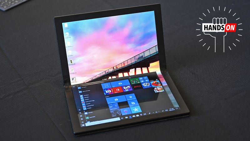 Illustration for article titled Forget Foldable Phones, Lenovo&#39;s Prototype Bendy Screen Laptop Looks Sick
