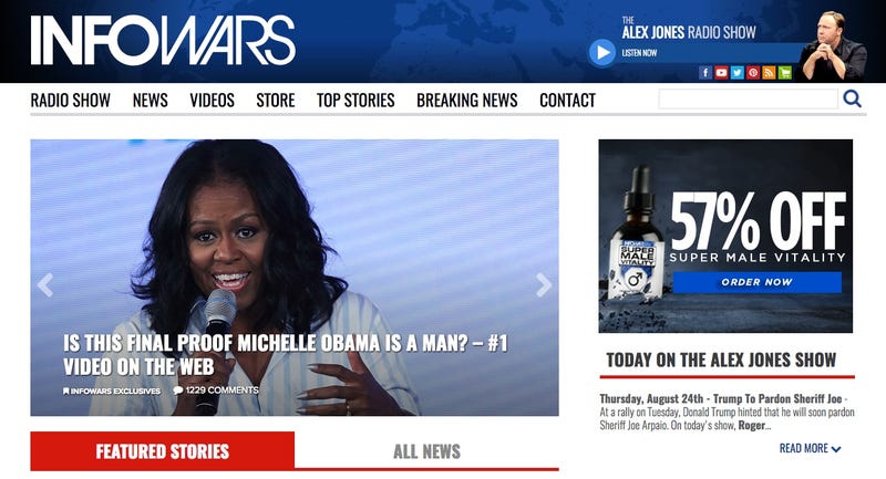 Screenshot from the InfoWars homepage this morning, featuring a story claiming that former First Lady Michelle Obama might be a man (Screenshot)