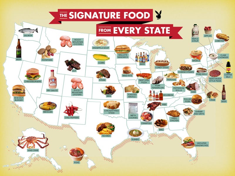 A map that shows the signature food from each state in the USA
