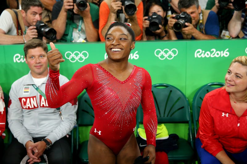 Simone Biles celebrates winning the gold medal in the Women’s Vault Final at the Rio de Janeiro Olympic Games on Aug. 14, 2016.Alex Livesey/Getty Images
