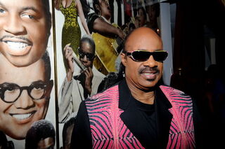 Stevie Wonder stands in front of a mural of Apollo legends. (Getty)