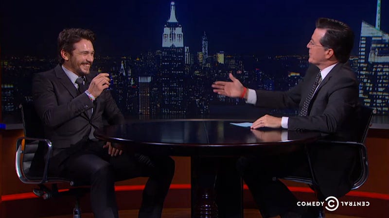 Illustration for article titled James Franco Tries to Make Colbert Break Character, Fails Miserably