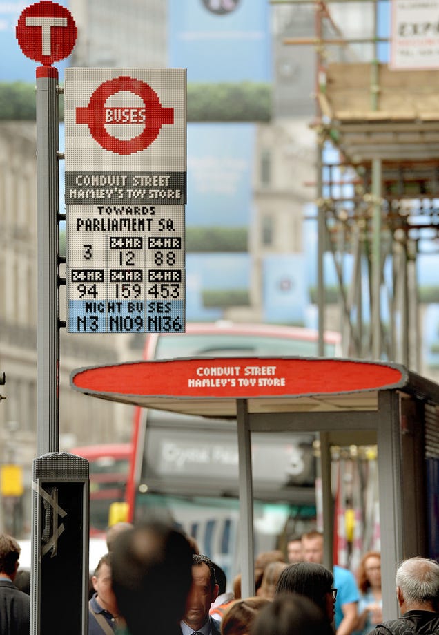 This London bus stop is made entirely from 100,000 Lego bricks