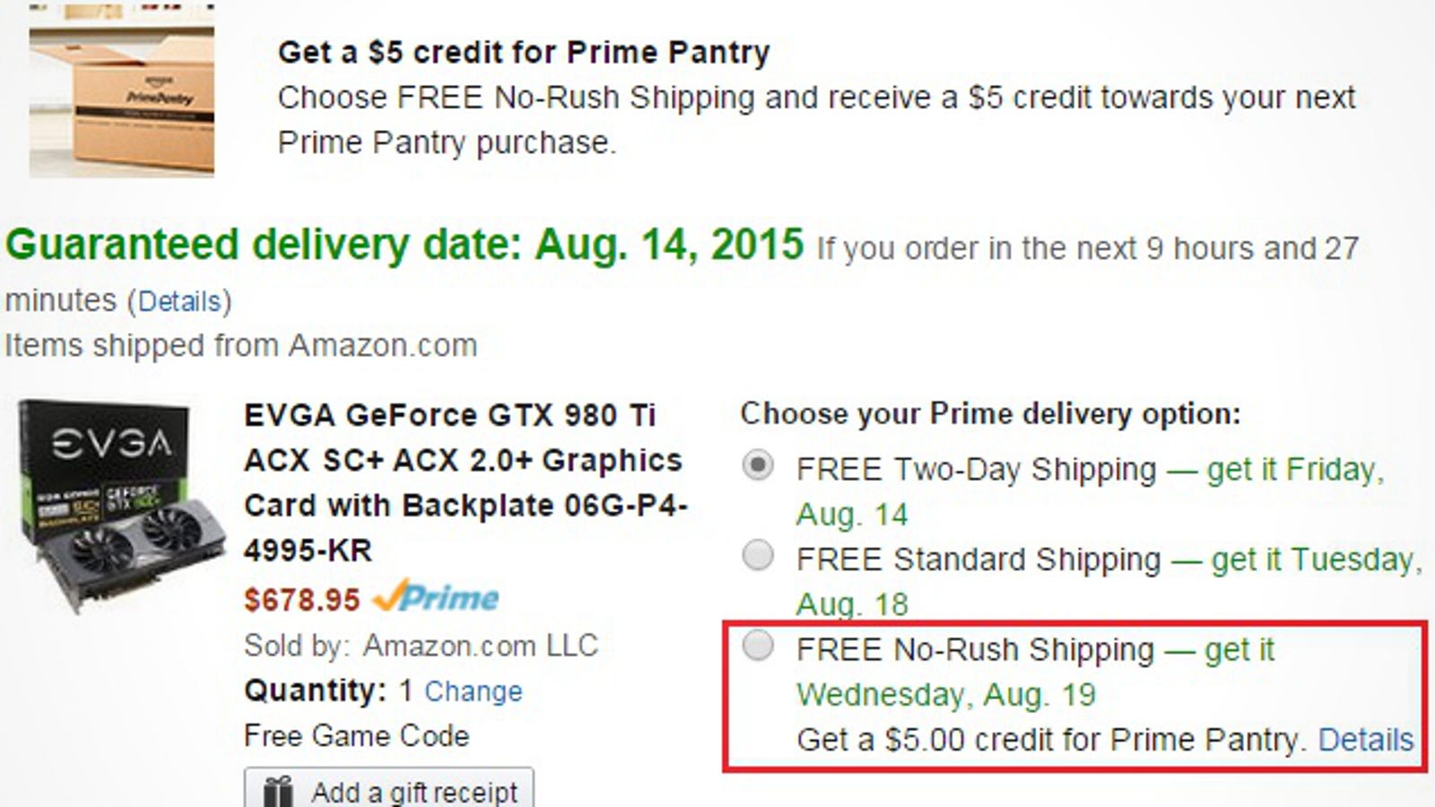Get 5 Credit Toward Amazon Prime Pantry When You Choose No Rush