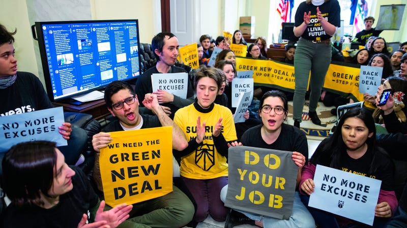 Protesters with the Sunrise Movement occupy incoming Democrat majority leader Rep. Steny Hoyer’s office, calling for a select committee for a Green New Deal.