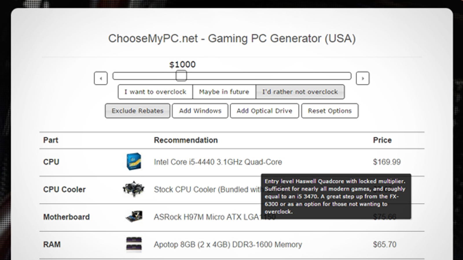 Choosemypc Generates A Sample Pc Build In Your Budget