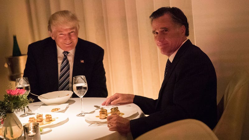 Spineless coward Mitt Romney (right) and wannabe dictator Donald Trump sit down for dinner at Trump Tower in New York on November 29, 2016